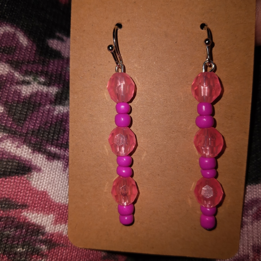 Hand Crafted pink neon crystal dangle drop statement earrings